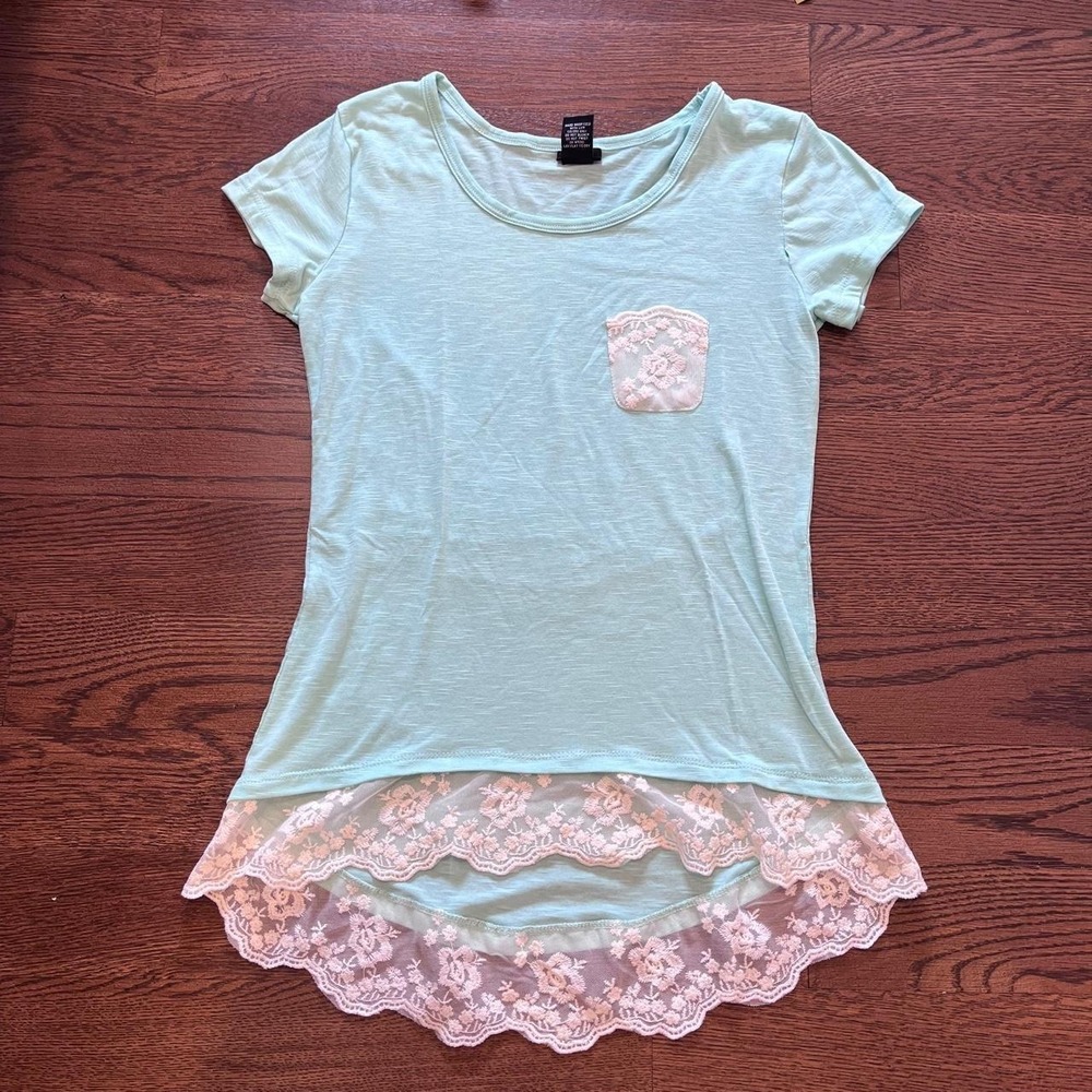 y2k teal and white lace layered top small